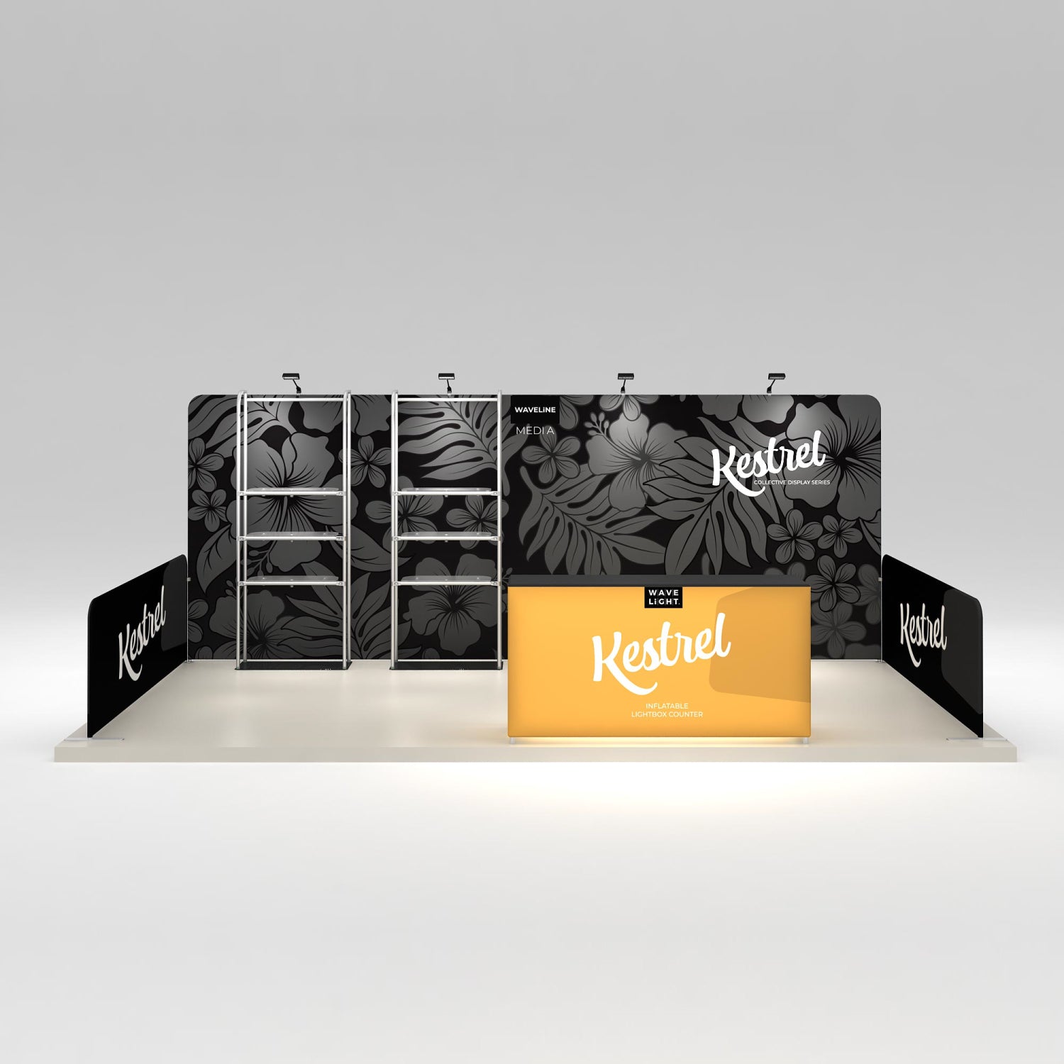 Trade show booth with branded backdrop, metal shelving, and illuminated counter for exhibitions