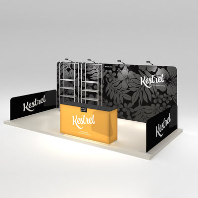 Trade show exhibition booth setup with branded backdrop, shelving units, and illuminated counter