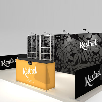 Trade show booth setup with branded inflatable lightbox counter and graphic display panels for exhibitions