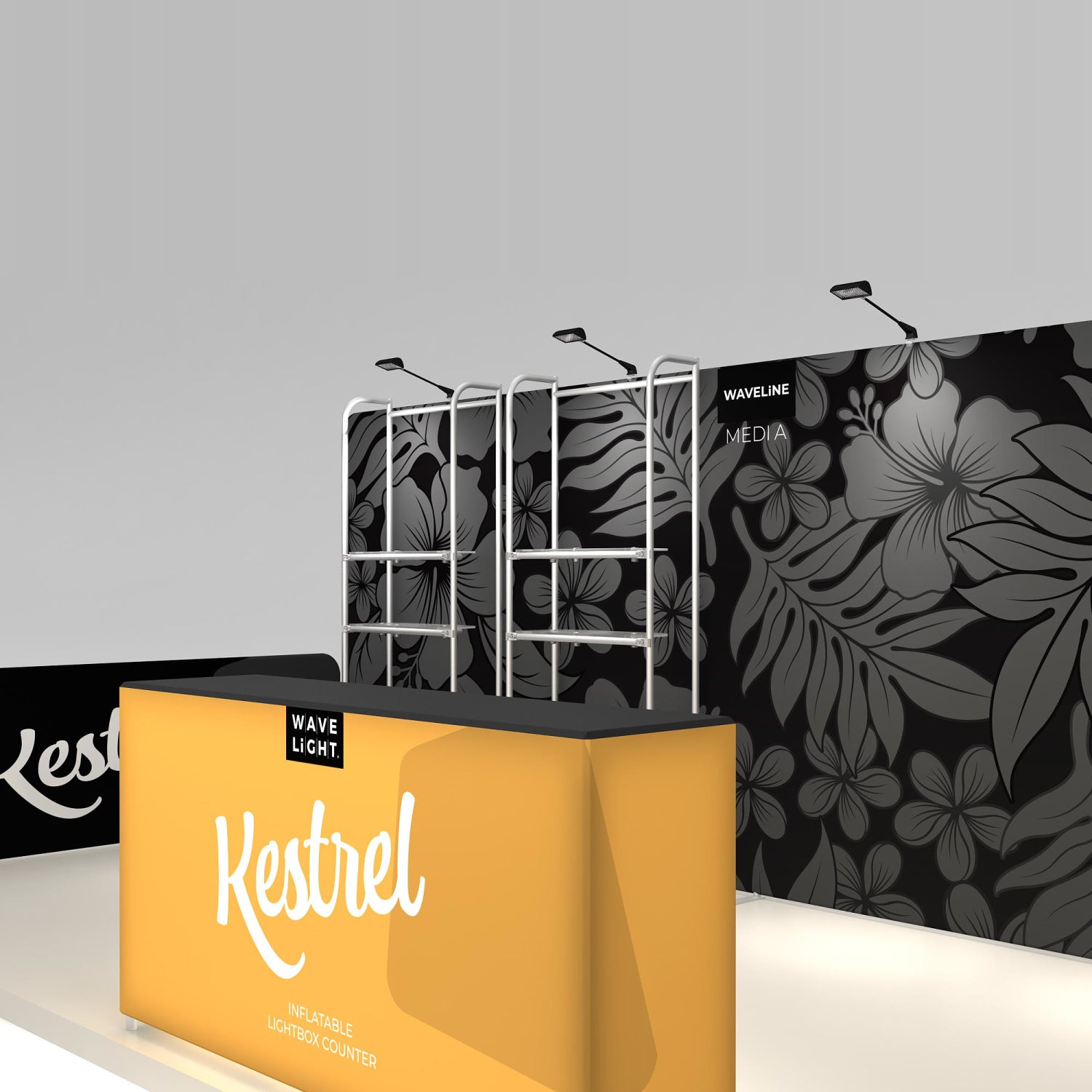Trade show display featuring an inflatable lightbox counter and large graphic panels with floral patterns for exhibitions and events
