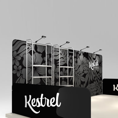 Trade show display booth with large branded backdrop and modular frame system for exhibitions