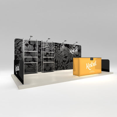 Trade show display booth with floral graphic backdrop, metal frames, and illuminated counter for exhibitions