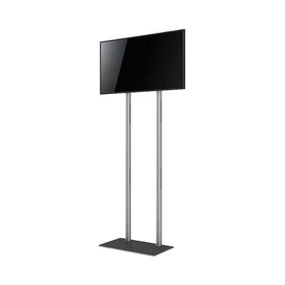 Freestanding TV stand with sturdy base and vertical supports for trade shows and exhibitions