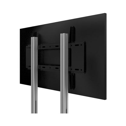 Back view of large TV mounted on adjustable stand for trade shows and exhibitions