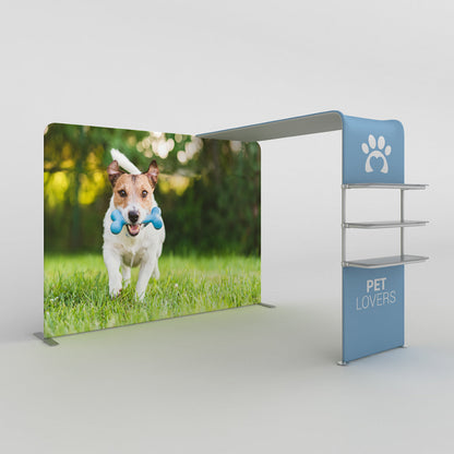 Trade show canopy display with pet-themed graphic and shelving for exhibitions and special events