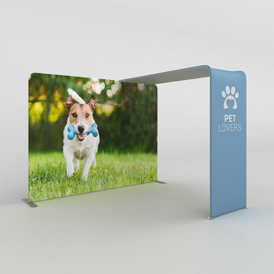 Trade show canopy display with pet lovers branding and large backdrop featuring dog running with bone