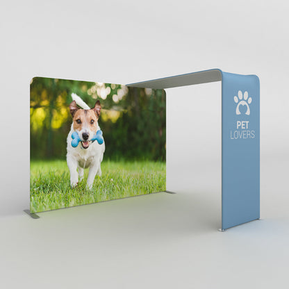 Trade show canopy display with pet lovers branding and large backdrop featuring dog running with bone