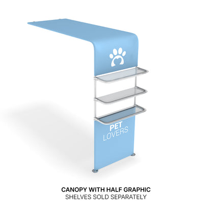 Trade show canopy with half graphic and integrated shelves for exhibitions and special event displays