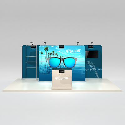 Trade show display booth featuring large sunglasses graphic, branded counter, and media screens for exhibitions