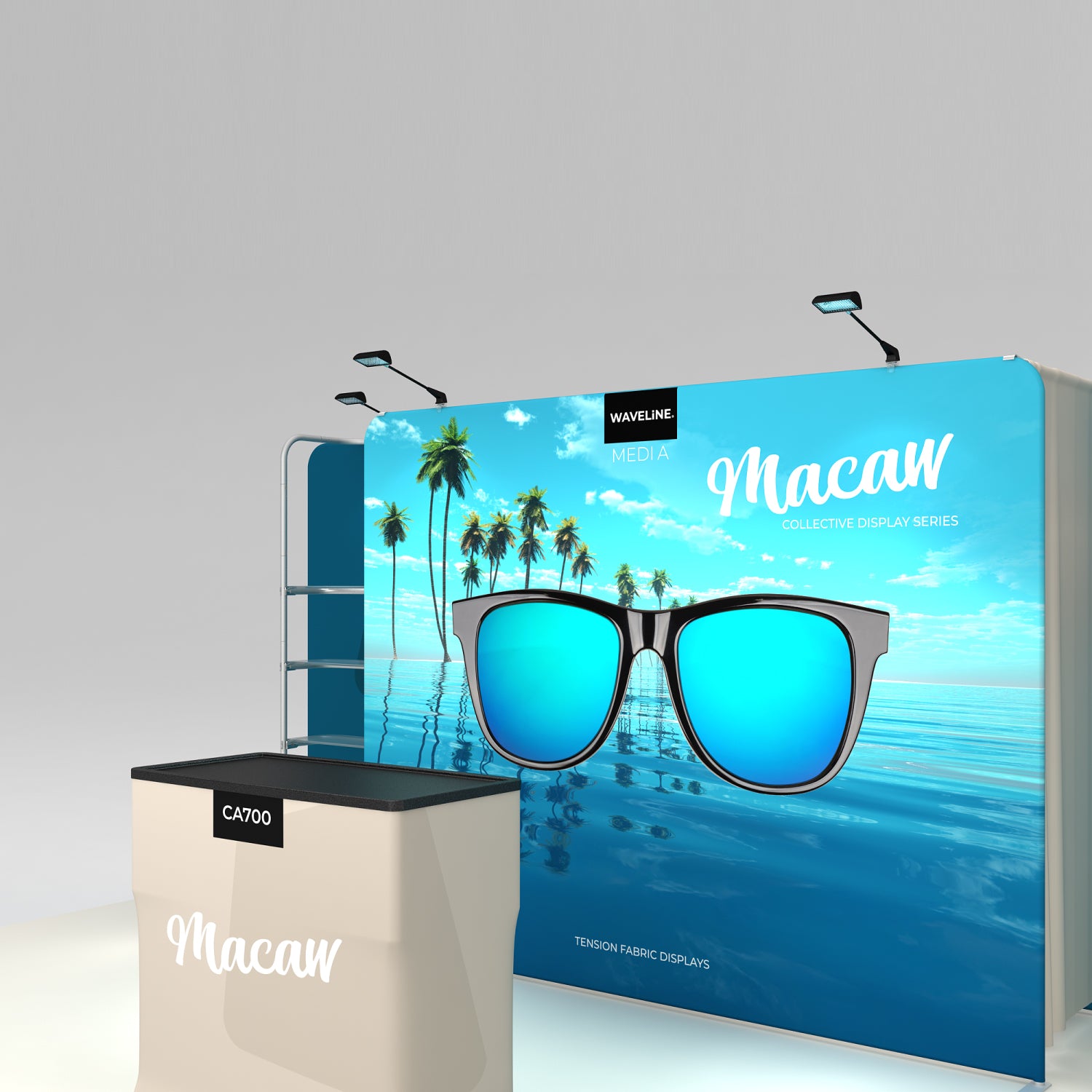 Trade show display with tension fabric backdrop featuring sunglasses and tropical scene for exhibitions and events
