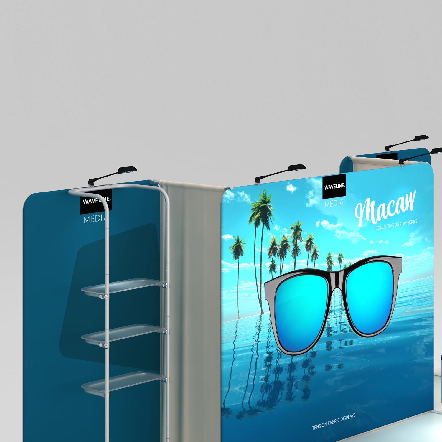 Trade show fabric display booth with vibrant tropical graphics and shelving units for exhibitions