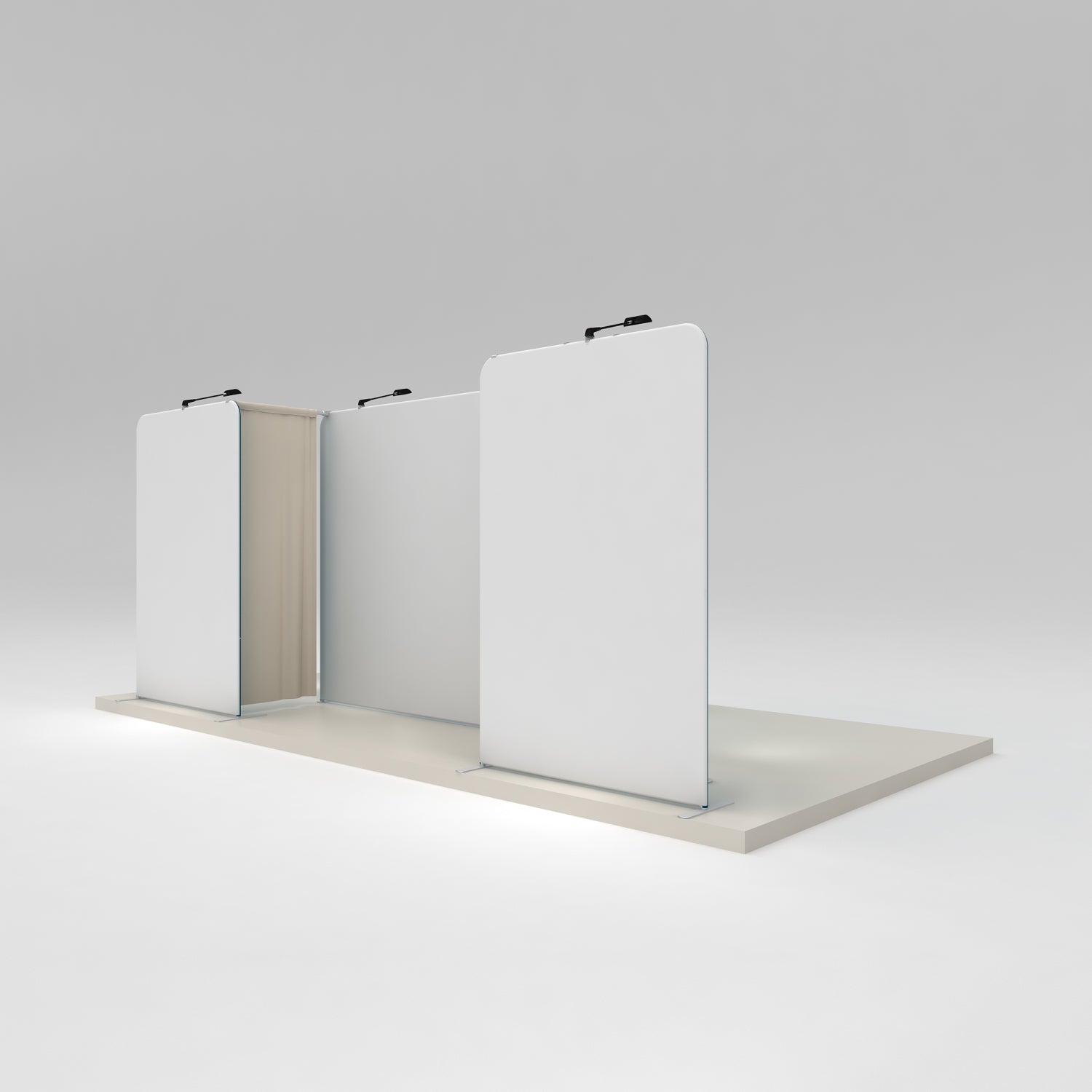 Modular trade show display panels with lighting on platform for exhibitions and special events