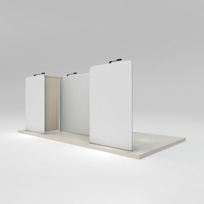 Modular trade show display panels with lighting on platform for exhibitions and special events