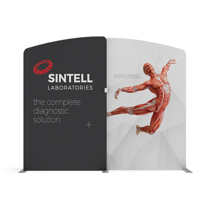 Trade show display booth featuring Sintell Laboratories branding and anatomical figure for diagnostic solutions