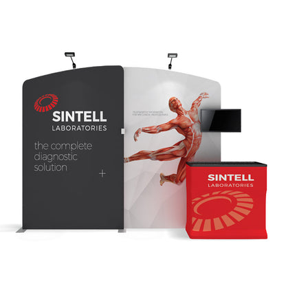 Trade show display with Sintell Laboratories branding, diagnostic solution graphics, and monitor stand