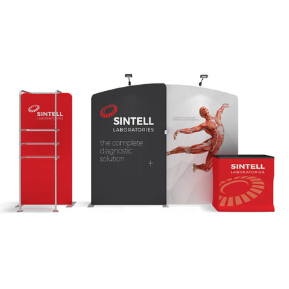 Trade show display with branded backdrops, promotional counter, and literature stand for exhibitions and special events
