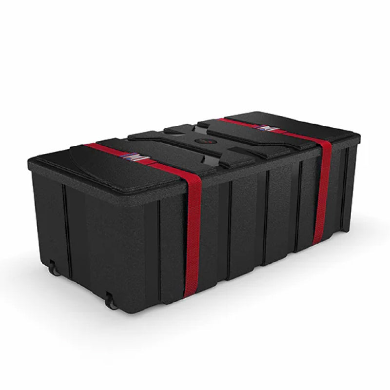 Compact durable trade show equipment case with secure straps and wheels for easy transport