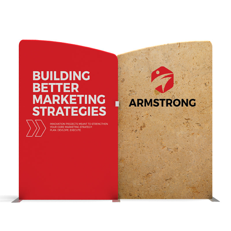 Two-panel trade show display backdrop with marketing strategy text and Armstrong logo for exhibitions and special events