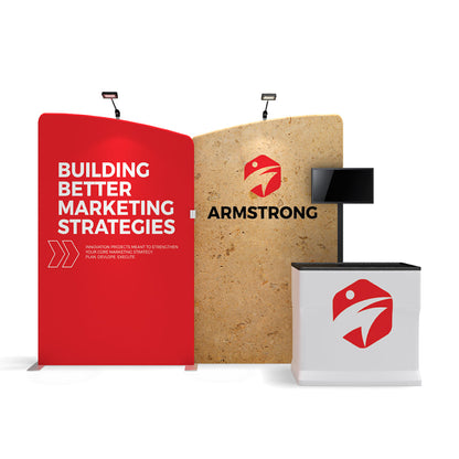 Trade show display with marketing strategy backdrop, branded counter, and monitor for exhibitions and events