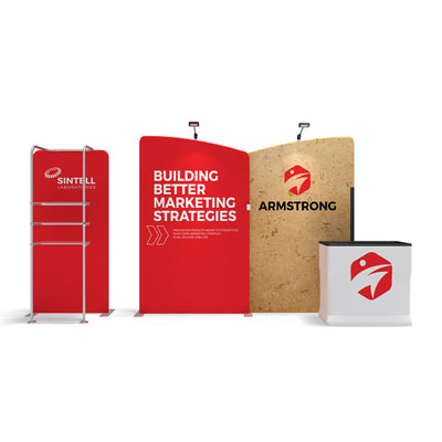 Trade show display featuring branded marketing panels and a product counter for exhibitions and events