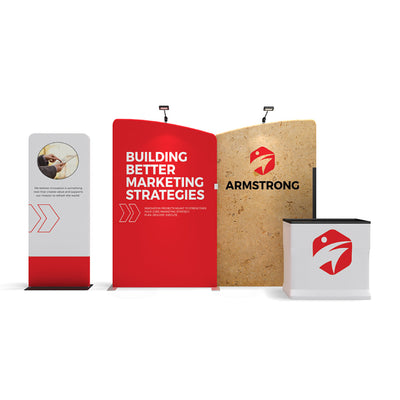 Trade show display panels and counter with marketing strategy and Armstrong branding for exhibitions