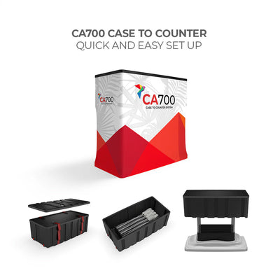 Portable CA700 case to counter system for trade shows with quick, easy setup and storage components