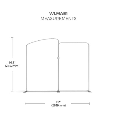 Trade show display frame with curved and straight sections, measuring 96.3" high and 112" wide, for exhibitions