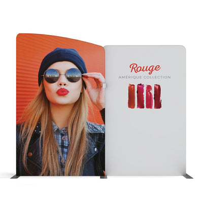 Trade show fabric display with a stylish woman and lipstick collection branding for exhibitions