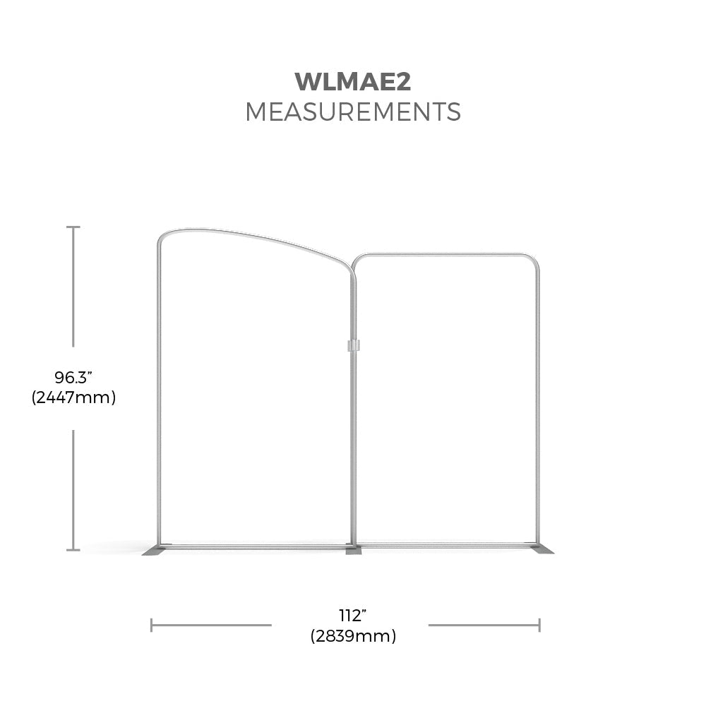 Trade show display frame with two connected curved sections, 96.3 inches tall and 112 inches wide, ideal for exhibitions and events