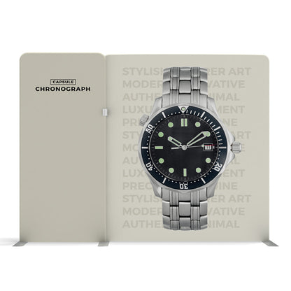 Trade show display with large chronograph watch image showcasing branding for exhibitions and special events