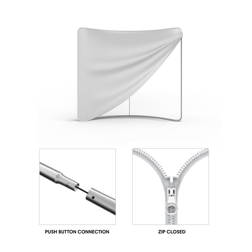 Curved pop-up display frame with fabric cover for trade shows and exhibitions featuring push button connection and zip closure
