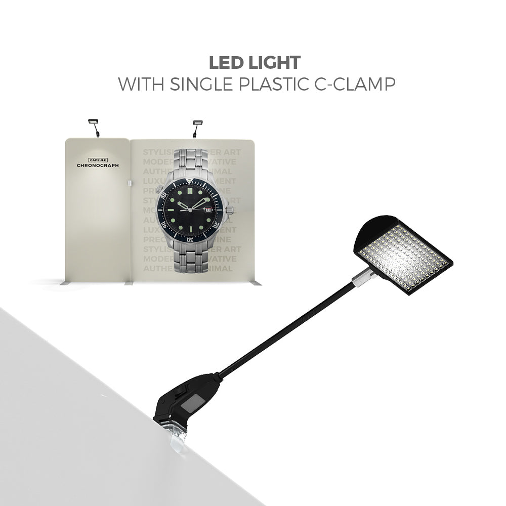 LED light with single plastic C-clamp for illuminating trade show or exhibition displays