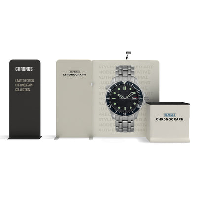 Trade show display featuring limited edition chronograph watch collection with branded panels and podium