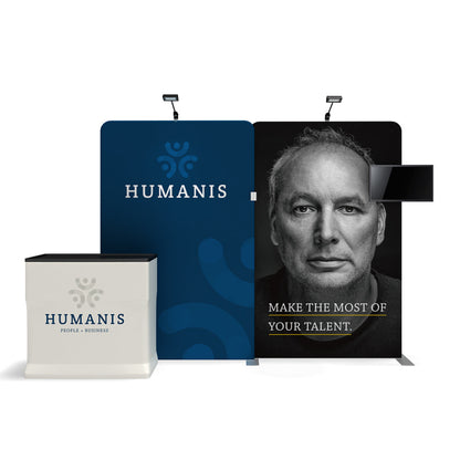 Trade show display with branded panels and counter for Humanis featuring portrait and talent message