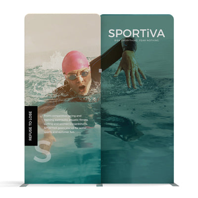Trade show display with dynamic swimmer image promoting aquatic sports and fitness gear