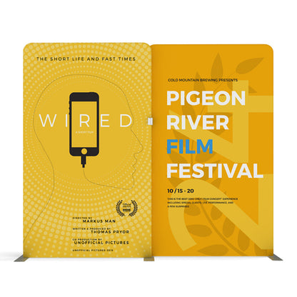 Double-sided exhibition display panel promoting film festival and short film with graphic elements