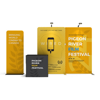 Trade show displays for Pigeon River Film Festival and Wired short film exhibition with marketing graphics