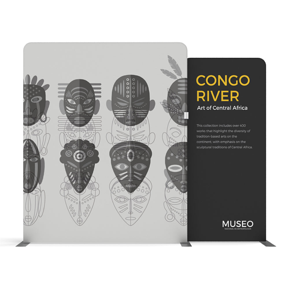 Trade show display with Central African art masks and text panel for Congo River exhibit