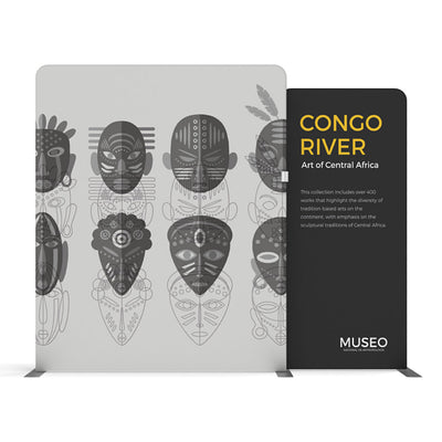 Trade show display with Central African art masks and text panel for Congo River exhibit