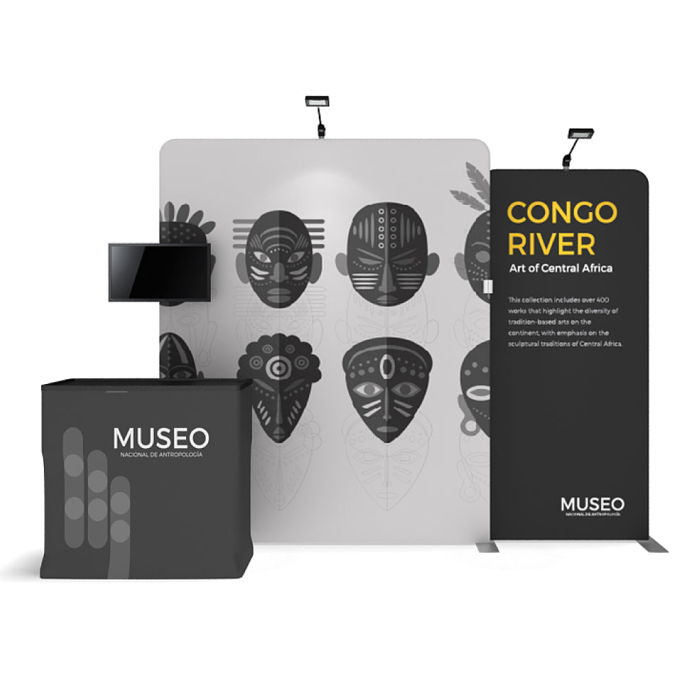 Trade show display with cultural masks artwork and informational panels for exhibition booths