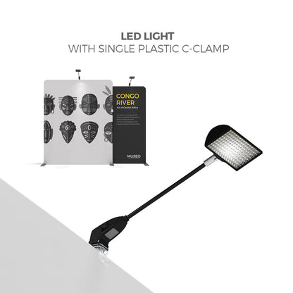 LED light with single plastic C-clamp illuminating trade show display panels at exhibitions and events