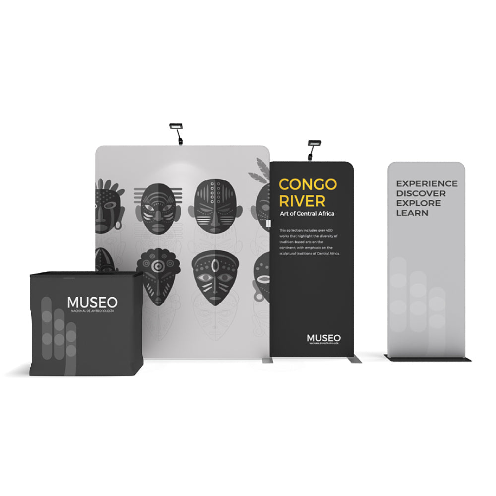 Trade show display with museum-themed backdrops and banners featuring Congo River art for exhibitions and events