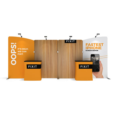 Trade show booth with branded panels and counters promoting fast iPhone screen repair service