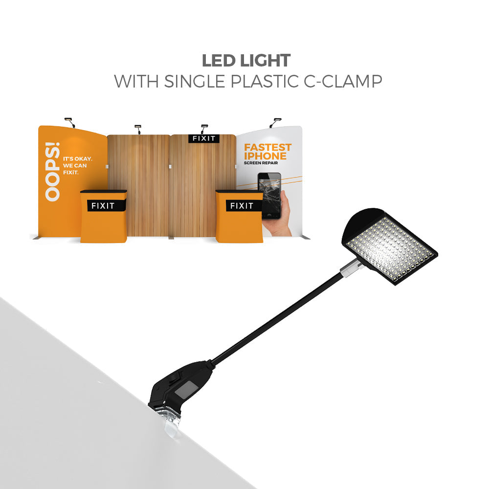 LED light with plastic C-clamp for illuminating trade show and exhibition booths