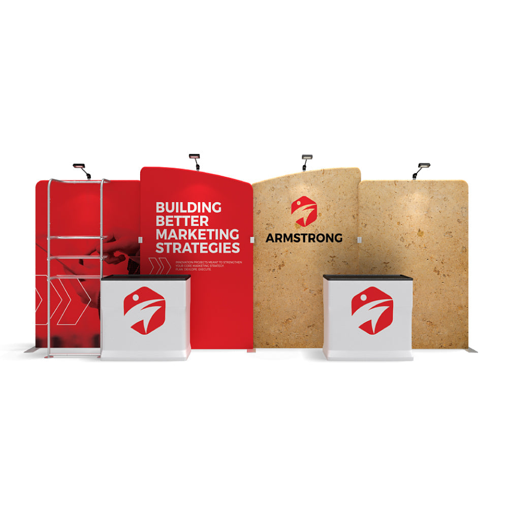 Trade show display with marketing message panels and branded counters for exhibitions and special events