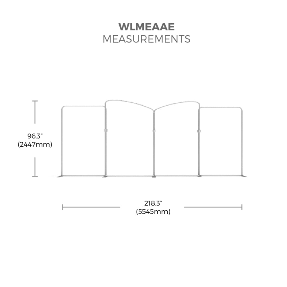 Trade show display frame with four connected curved panels measuring 96.3" high and 218.3" wide for exhibitions