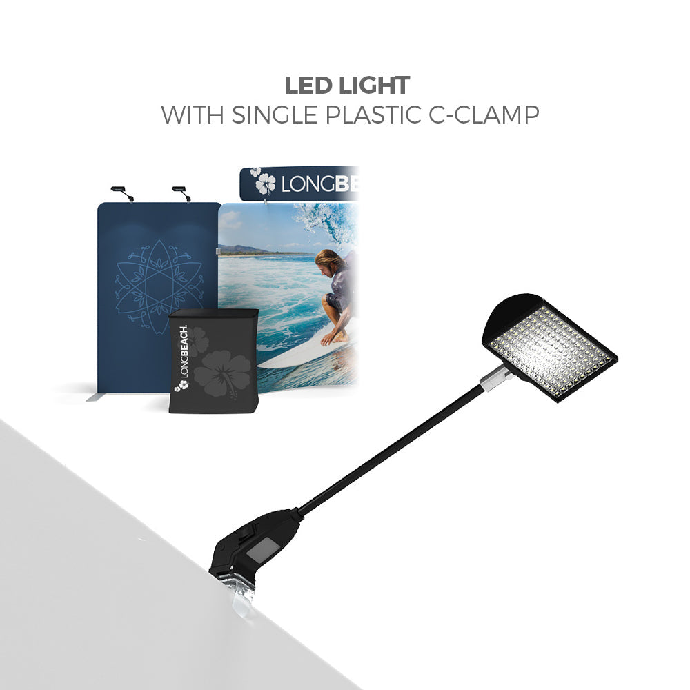 LED light with adjustable arm and plastic C-clamp for trade show display illumination