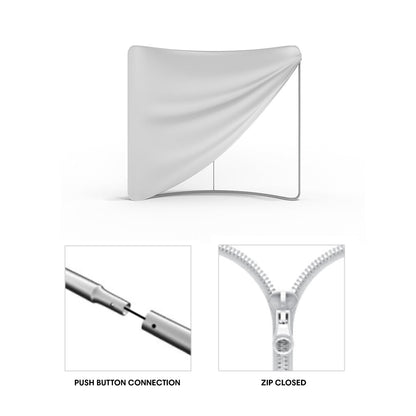 Curved fabric trade show display frame with push button connection and zip closure for exhibitions