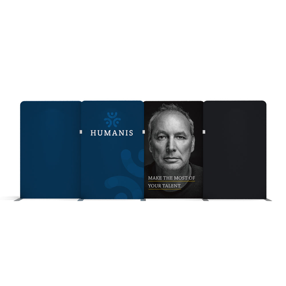 Modular trade show display panels with brand logo, portrait, and motivational message for exhibitions