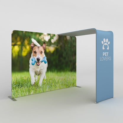 Curved trade show canopy with vibrant dog image, ideal for pet lovers exhibitions and special events